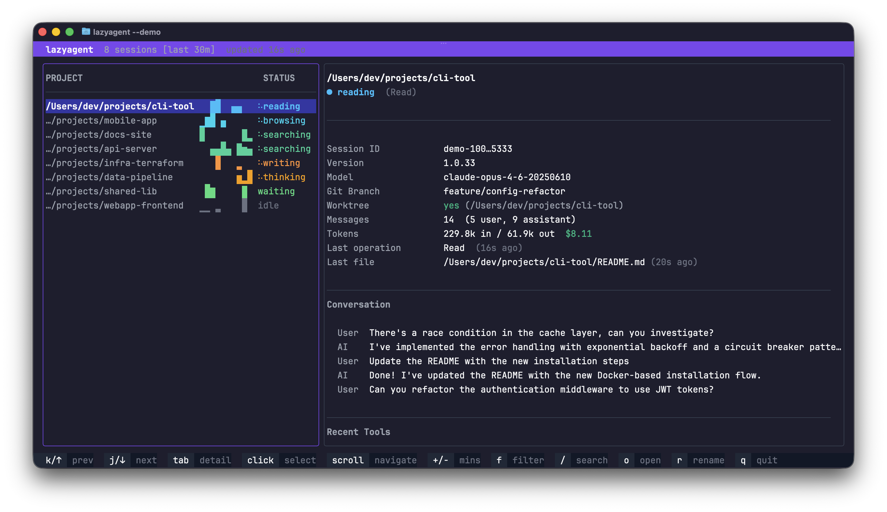 lazyagent terminal UI showing Claude Code session monitoring